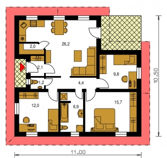 Spiegelverkehrter Entwurf | Grundriss des Erdgeschosses - BUNGALOW 116